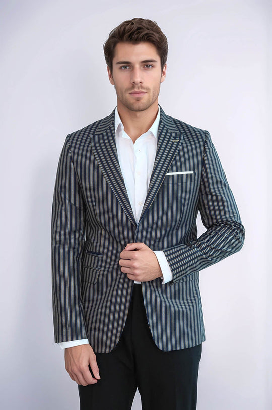 Men’s Navy Blue Bold Vertical Striped Slim Fit Notch Lapel Sport Blazer