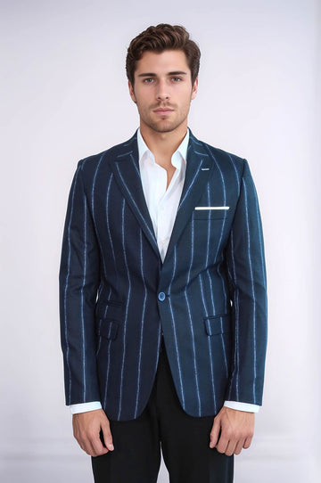 Men’s Navy Blue Pinstripe Slim Fit Notch Lapel Sport Blazer
