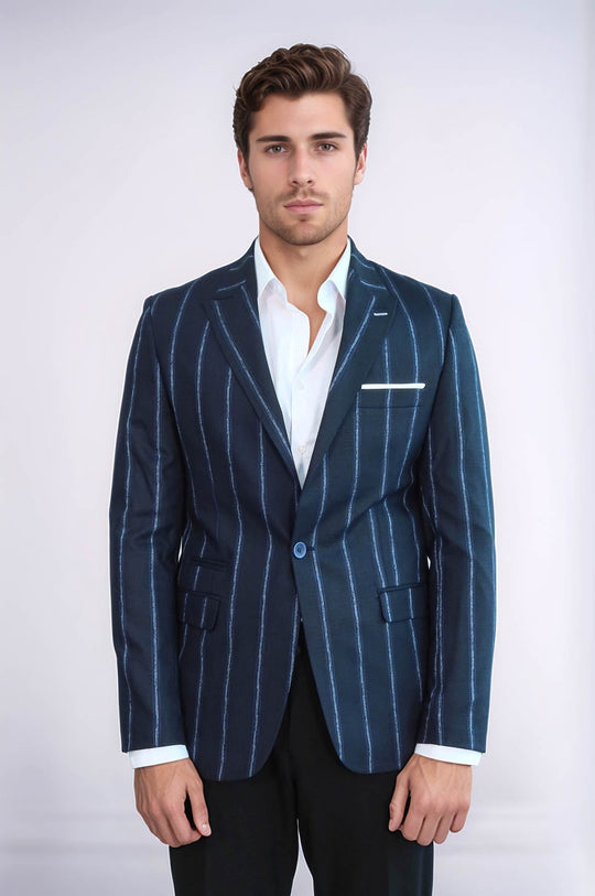Men’s Navy Blue Pinstripe Slim Fit Notch Lapel Sport Blazer