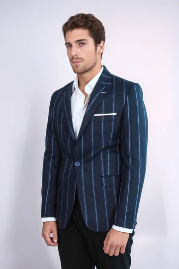 Men’s Navy Blue Pinstripe Slim Fit Notch Lapel Sport Blazer