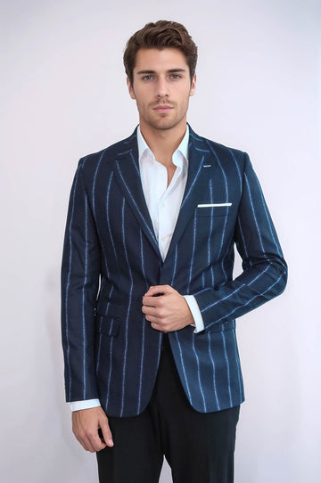 Men’s Navy Blue Pinstripe Slim Fit Notch Lapel Sport Blazer
