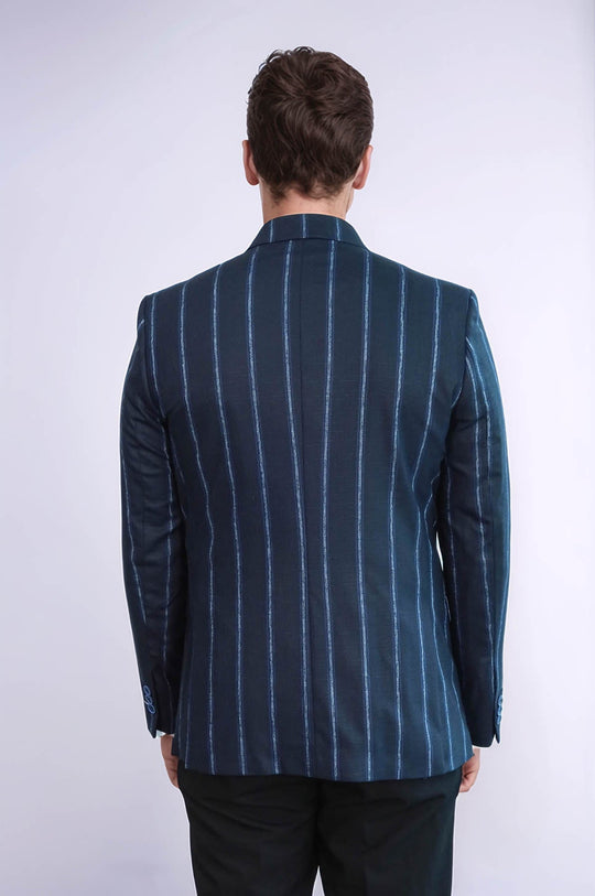 Men’s Navy Blue Pinstripe Slim Fit Notch Lapel Sport Blazer