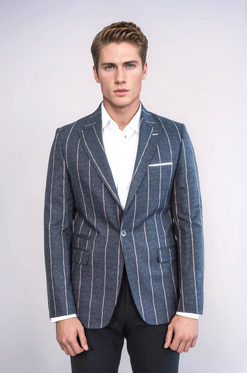 Men’s Indigo Grey Pinstripe Slim Fit Textured Sport Blazer