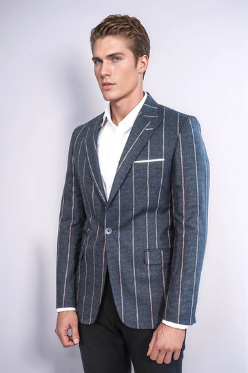 Men’s Indigo Grey Pinstripe Slim Fit Textured Sport Blazer