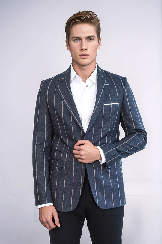 Men’s Indigo Grey Pinstripe Slim Fit Textured Sport Blazer