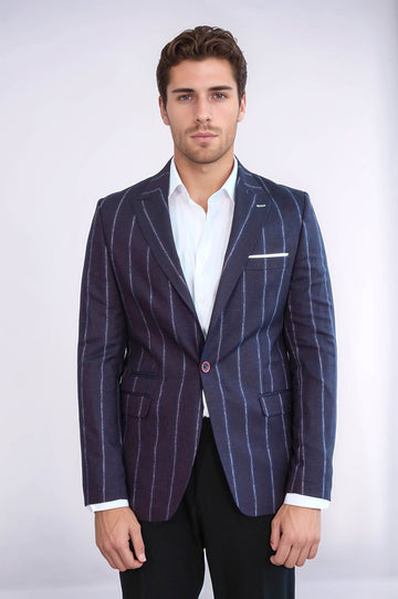 Men’s Navy Blue Chalk Stripe Slim Fit Notch Lapel Sport Blazer
