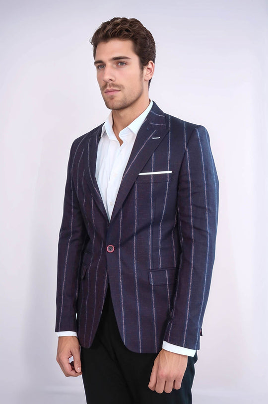 Men’s Navy Blue Chalk Stripe Slim Fit Notch Lapel Sport Blazer