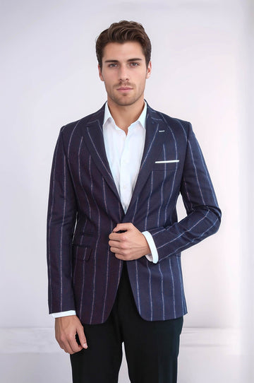 Men’s Navy Blue Chalk Stripe Slim Fit Notch Lapel Sport Blazer