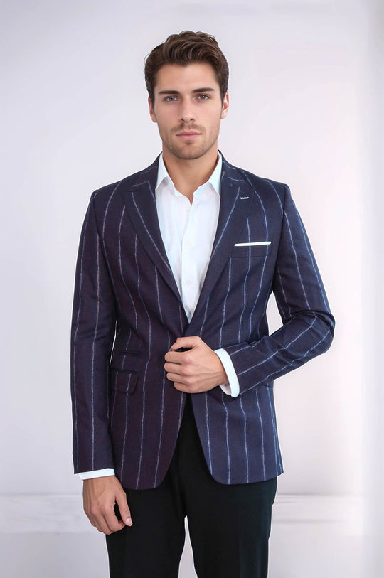 Men’s Navy Blue Chalk Stripe Slim Fit Notch Lapel Sport Blazer