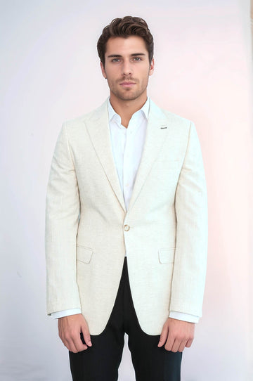 Men’s Cream Striped Slim Fit Peak Lapel Sport Blazer