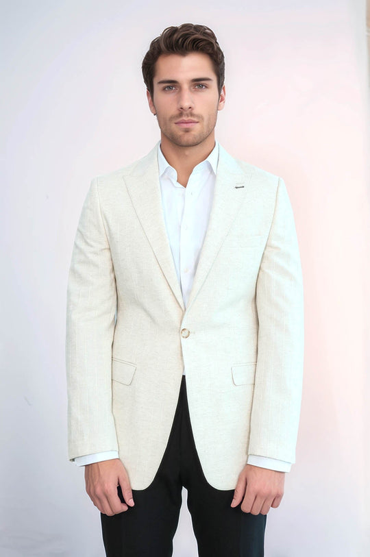 Men’s Cream Striped Slim Fit Peak Lapel Sport Blazer