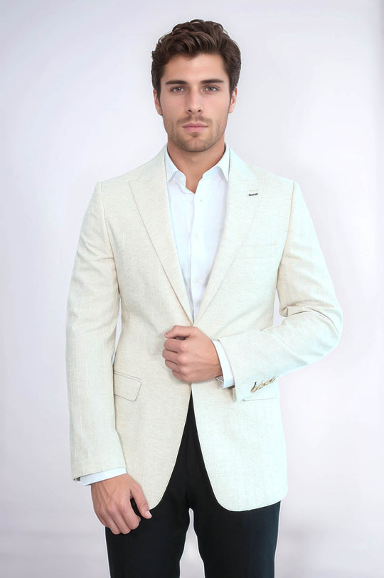 Men’s Cream Striped Slim Fit Peak Lapel Sport Blazer