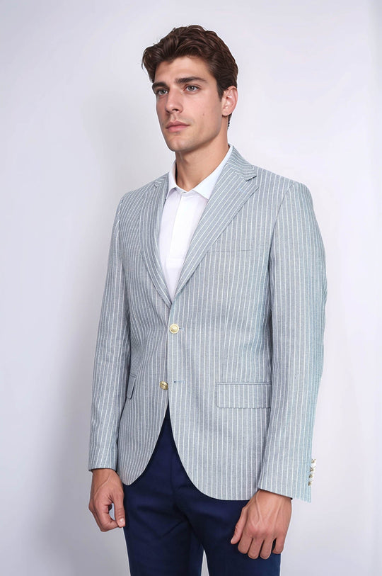 Men’s Sky Blue Striped Linen-Feel Slim Fit Blazer with Gold Crest Buttons