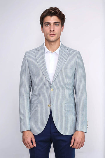 Men’s Sky Blue Striped Linen-Feel Slim Fit Blazer with Gold Crest Buttons
