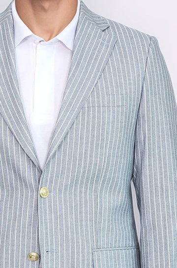 Men’s Sky Blue Striped Linen-Feel Slim Fit Blazer with Gold Crest Buttons