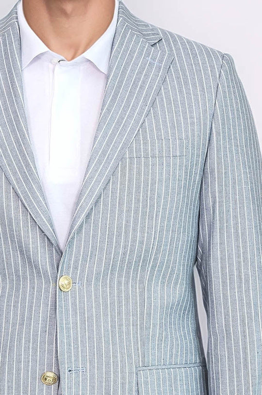 Men’s Sky Blue Striped Linen-Feel Slim Fit Blazer with Gold Crest Buttons