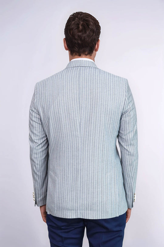 Men’s Sky Blue Striped Linen-Feel Slim Fit Blazer with Gold Crest Buttons