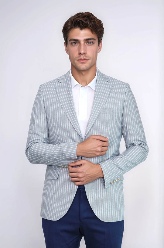 Men’s Sky Blue Striped Linen-Feel Slim Fit Blazer with Gold Crest Buttons