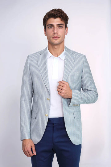 Men’s Sky Blue Striped Linen-Feel Slim Fit Blazer with Gold Crest Buttons