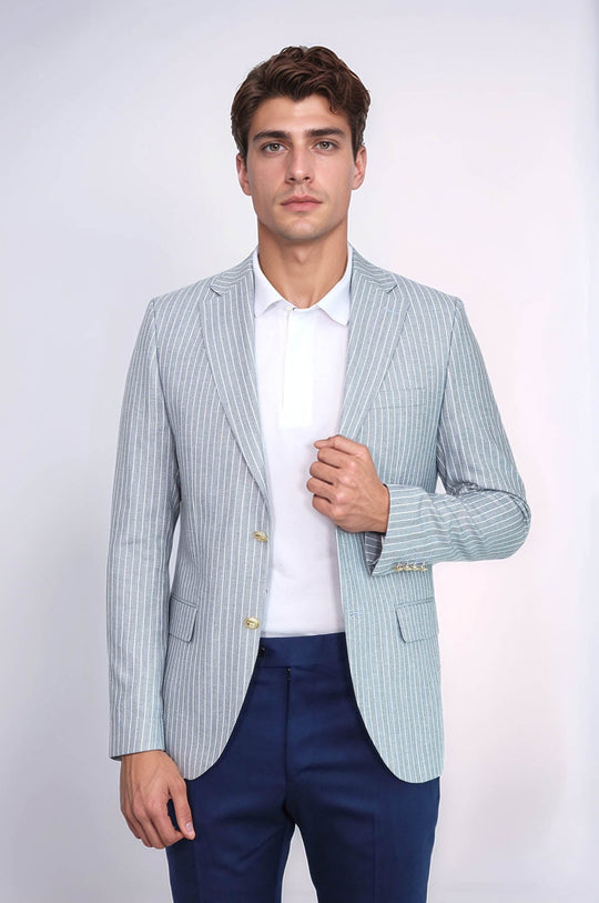 Men’s Sky Blue Striped Linen-Feel Slim Fit Blazer with Gold Crest Buttons