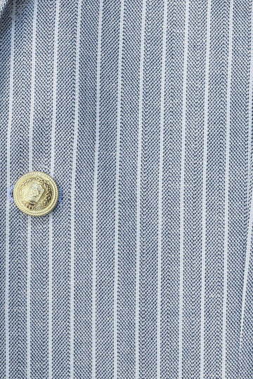 Men’s Sky Blue Striped Linen-Feel Slim Fit Blazer with Gold Crest Buttons