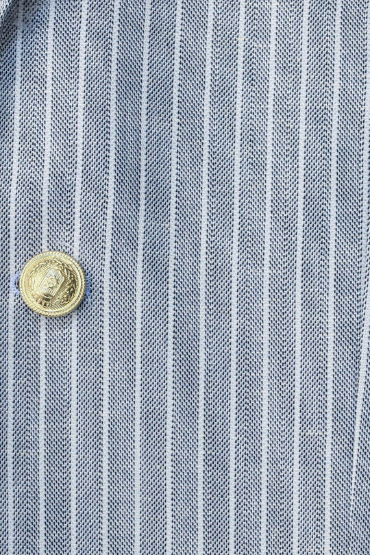 Men’s Sky Blue Striped Linen-Feel Slim Fit Blazer with Gold Crest Buttons