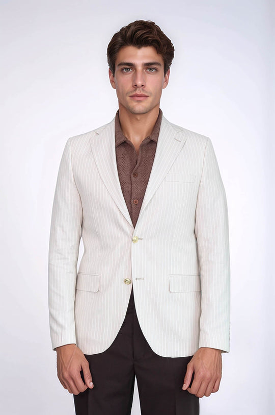 Men’s Ivory Cream Striped Slim Fit Linen Blazer with Gold Crest Buttons