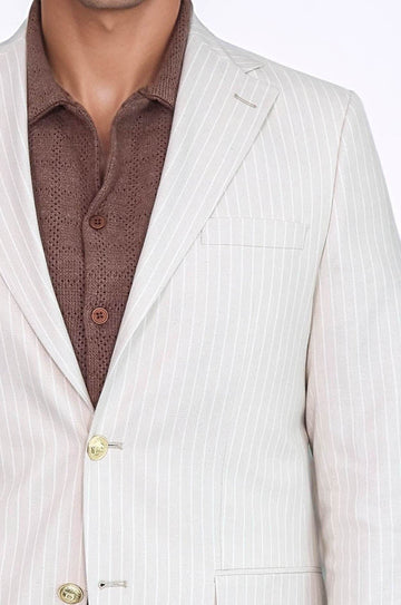 Men’s Ivory Cream Striped Slim Fit Linen Blazer with Gold Crest Buttons