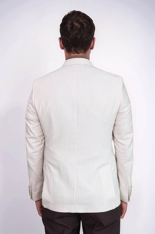 Men’s Ivory Cream Striped Slim Fit Linen Blazer with Gold Crest Buttons