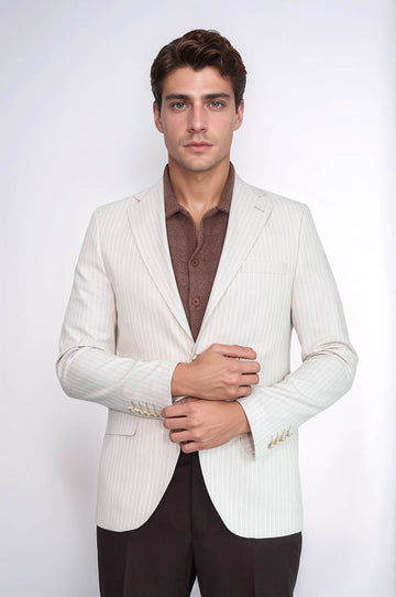 Men’s Ivory Cream Striped Slim Fit Linen Blazer with Gold Crest Buttons