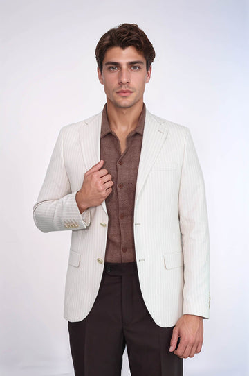 Men’s Ivory Cream Striped Slim Fit Linen Blazer with Gold Crest Buttons