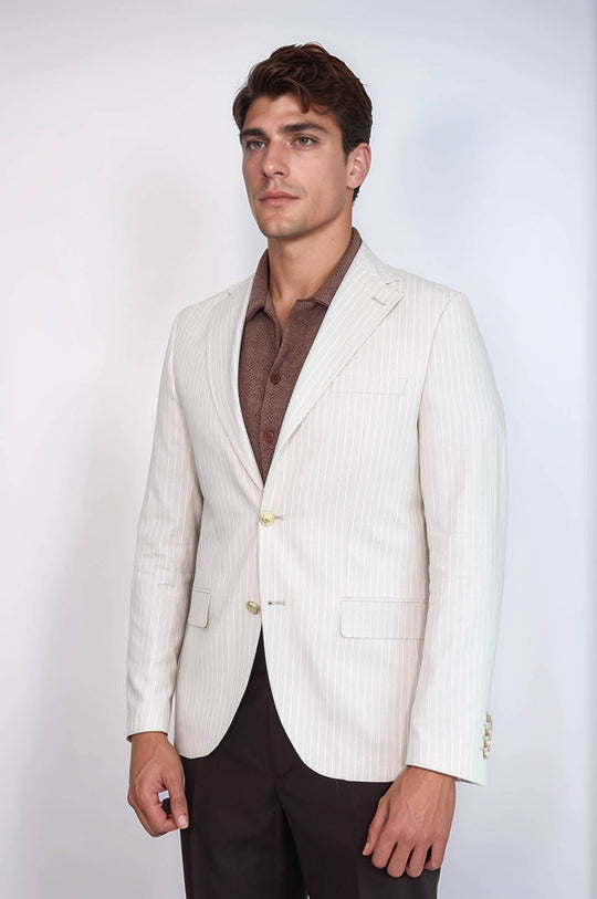 Men’s Ivory Cream Striped Slim Fit Linen Blazer with Gold Crest Buttons