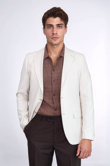 Men’s Ivory Cream Striped Slim Fit Linen Blazer with Gold Crest Buttons