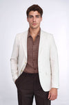 Men’s Ivory Cream Striped Slim Fit Linen Blazer with Gold Crest Buttons