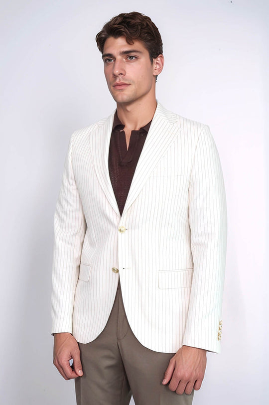 Men’s Arctic Ecru Striped Linen-Feel Slim Fit Blazer with Gold Crest Buttons