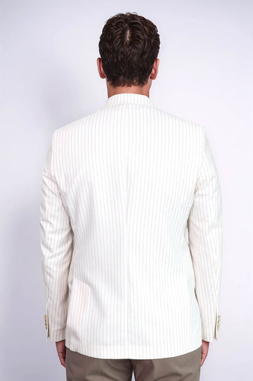 Men’s Arctic Ecru Striped Linen-Feel Slim Fit Blazer with Gold Crest Buttons