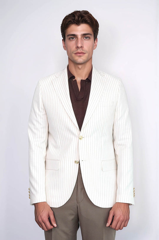 Men’s Arctic Ecru Striped Linen-Feel Slim Fit Blazer with Gold Crest Buttons
