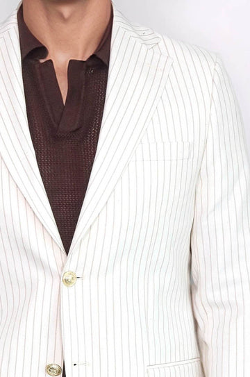 Men’s Arctic Ecru Striped Linen-Feel Slim Fit Blazer with Gold Crest Buttons
