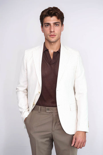 Men’s Arctic Ecru Striped Linen-Feel Slim Fit Blazer with Gold Crest Buttons