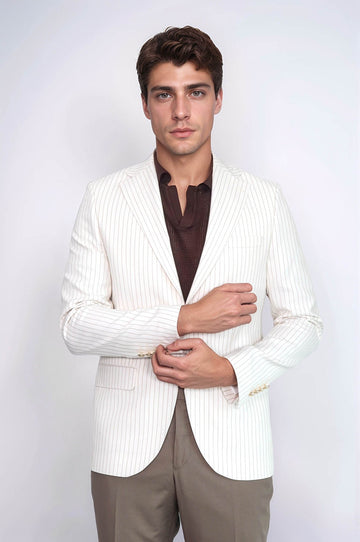 Men’s Arctic Ecru Striped Linen-Feel Slim Fit Blazer with Gold Crest Buttons