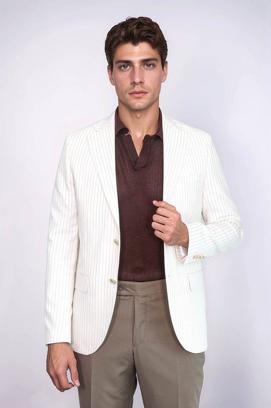 Men’s Arctic Ecru Striped Linen-Feel Slim Fit Blazer with Gold Crest Buttons