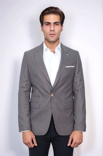 Men’s Navy Blue Micro-Patterned Slim Fit Notch Lapel Blazer