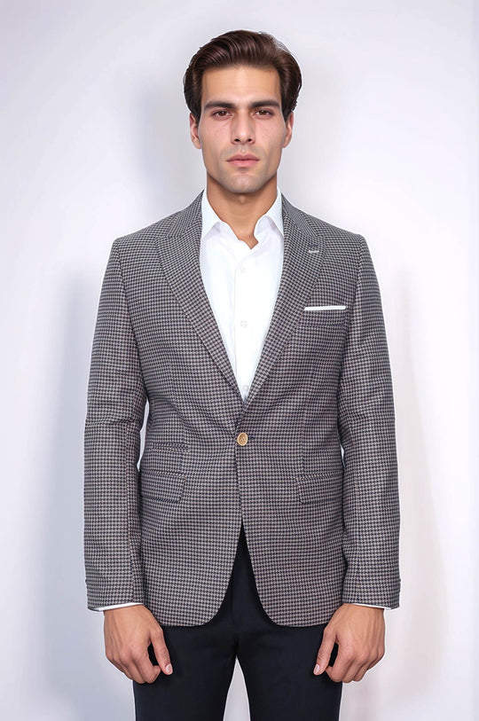 Men’s Navy Blue Micro-Patterned Slim Fit Notch Lapel Blazer