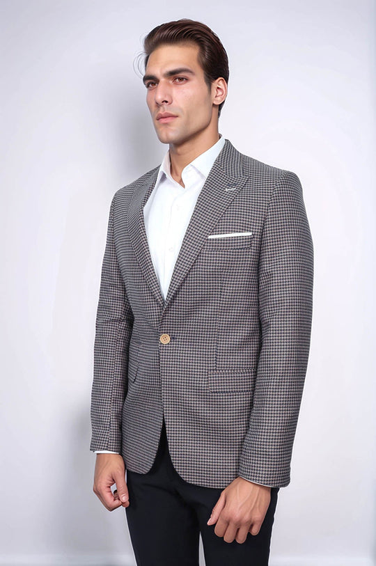 Men’s Navy Blue Micro-Patterned Slim Fit Notch Lapel Blazer