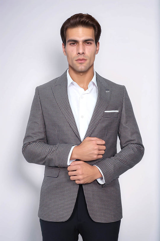 Men’s Navy Blue Micro-Patterned Slim Fit Notch Lapel Blazer