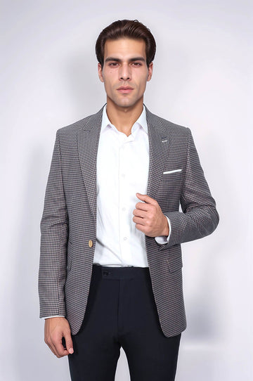 Men’s Navy Blue Micro-Patterned Slim Fit Notch Lapel Blazer