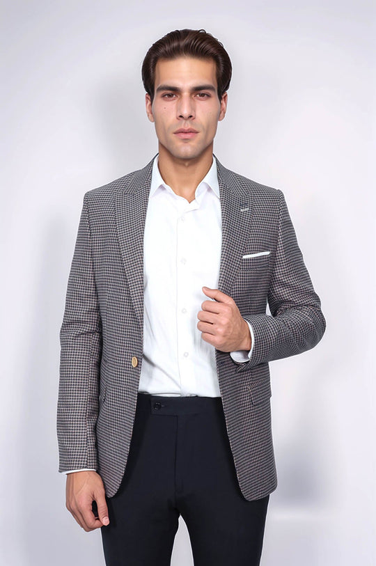 Men’s Navy Blue Micro-Patterned Slim Fit Notch Lapel Blazer