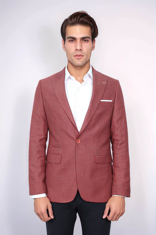 Men’s Claret Red Micro-Patterned Slim Fit Notch Lapel Blazer