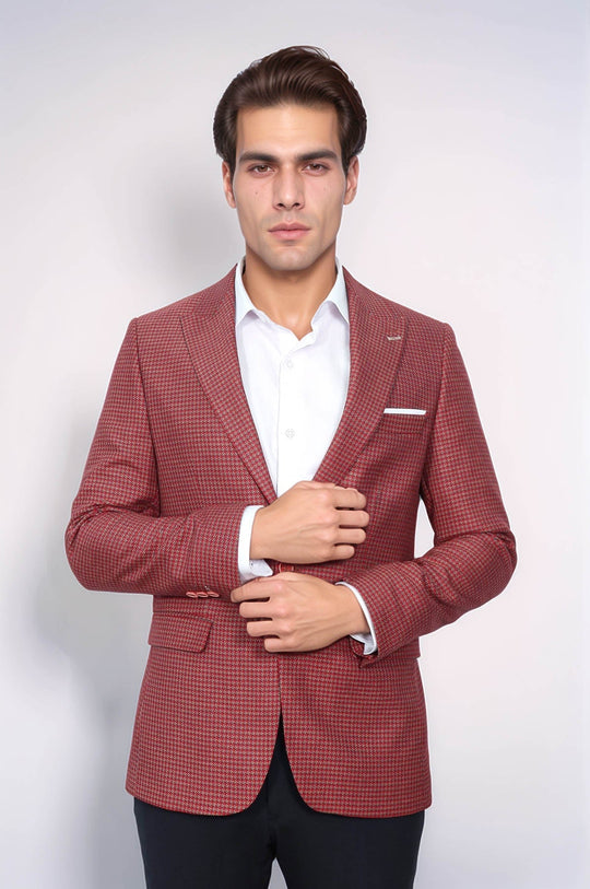 Men’s Claret Red Micro-Patterned Slim Fit Notch Lapel Blazer