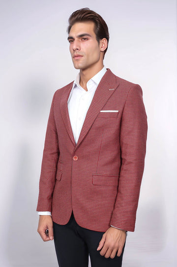 Men’s Claret Red Micro-Patterned Slim Fit Notch Lapel Blazer